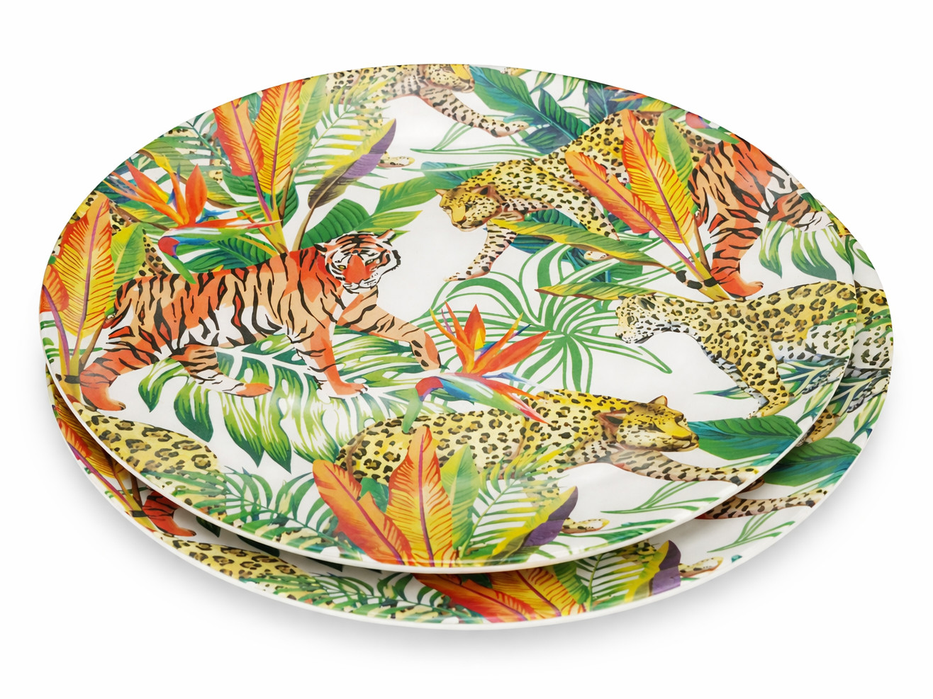 Talerze z melaminy z tropikalną dżunglą i tygrysami