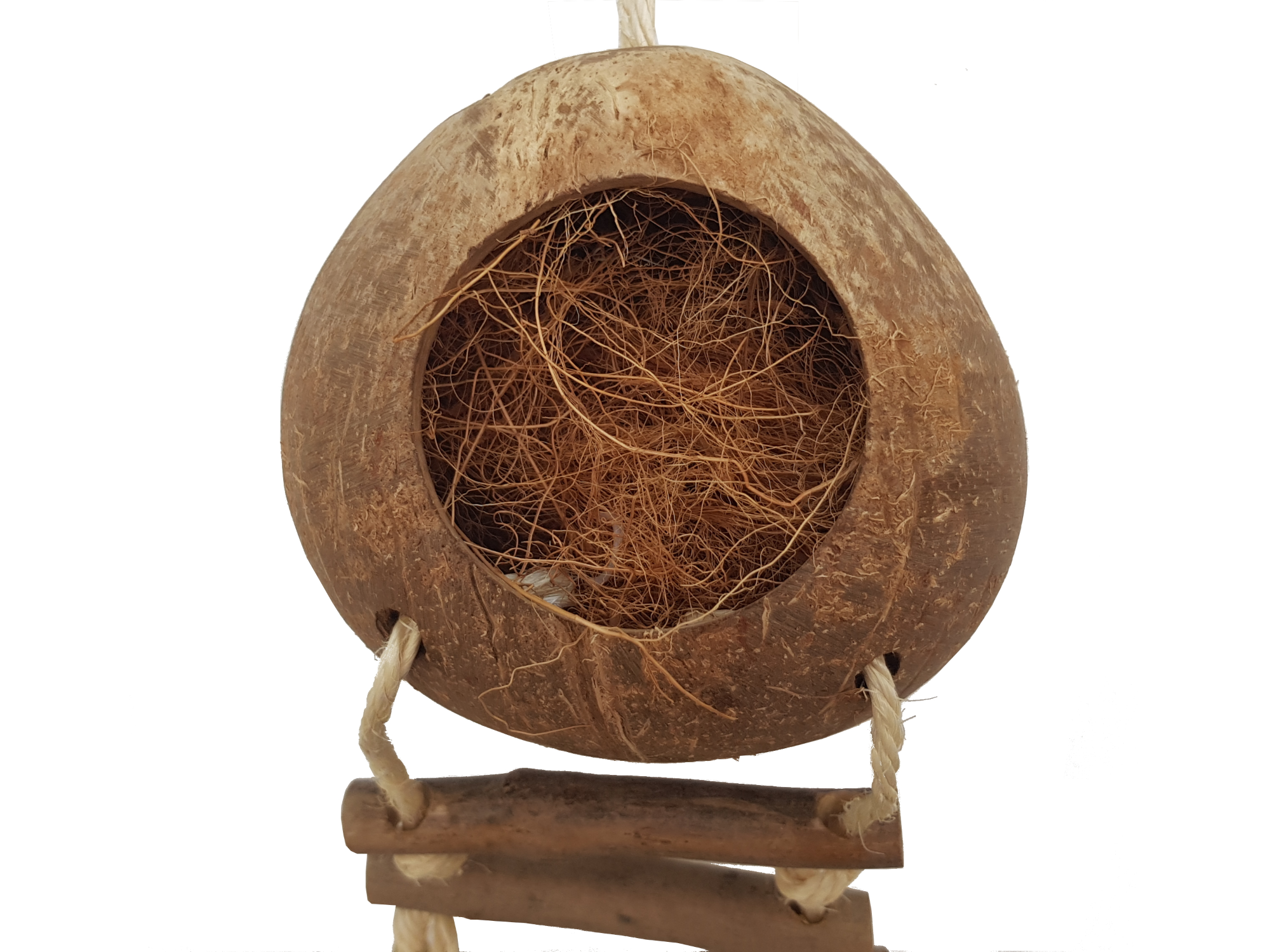 Zabawka dla papug - domek z kokosa z drabinką